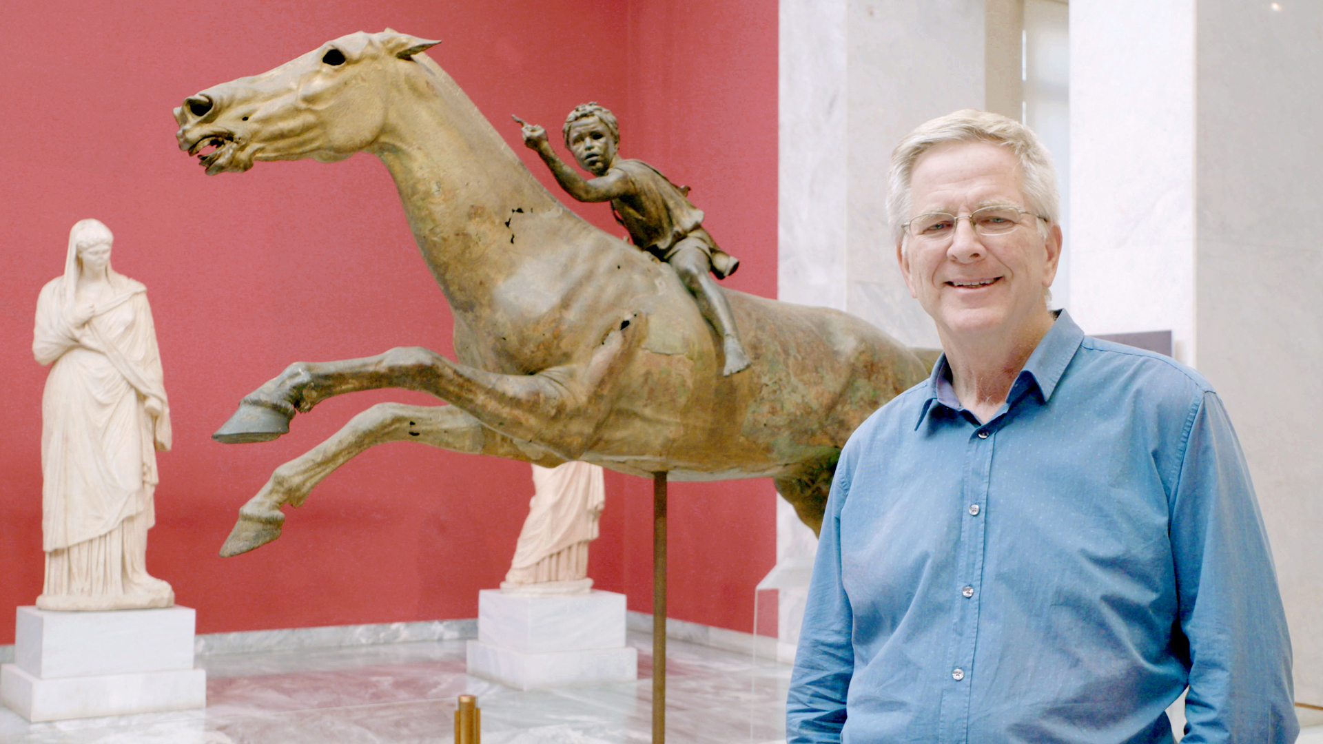 Rick and the Jockey of Artemision (150 to 140 bc), at the National Archaeological Museum, Athens. Photo: Rick Steves’ Europe.
